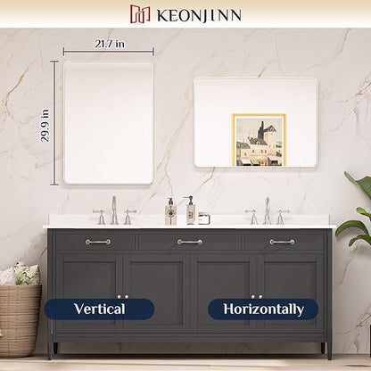 Keonjinn 22 x 30 Brushed Nickel Bathroom Mirrors for Over Sink, Rounded Rectangle Bathroom Vanity Mirror, Brushed Silver Framed Farmhouse Mirror, HD Tempered Glass Wall Mirror(Horizontal/Vertical)