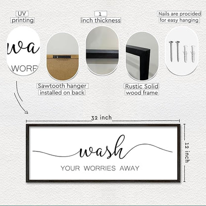 Wash Your Worries Away Sign Funny Laundry Room Wall Decor 32"×12" Rustic Bathroom Large Wooden Framed Wall Hanging Art (Black)