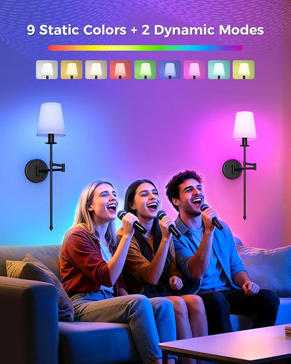 Joosenhouse Black Wireless Wall Sconces Set of 2, Battery Operated Wall Lights with Remote Control, 9 RGB Color Options, 24.8 inch Dimmable Wall Lights for Hallway, Bedroom, Living Room