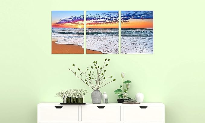 TutuBeer 3 Panels Beach Decor for Home Beach Art Colorful Ocean Kitchen Decor Sunrise Sea Wall Decor for Home Sea Wall Art Ocean Room Decor Wall Decor 12" x 16" x 3 Pieces