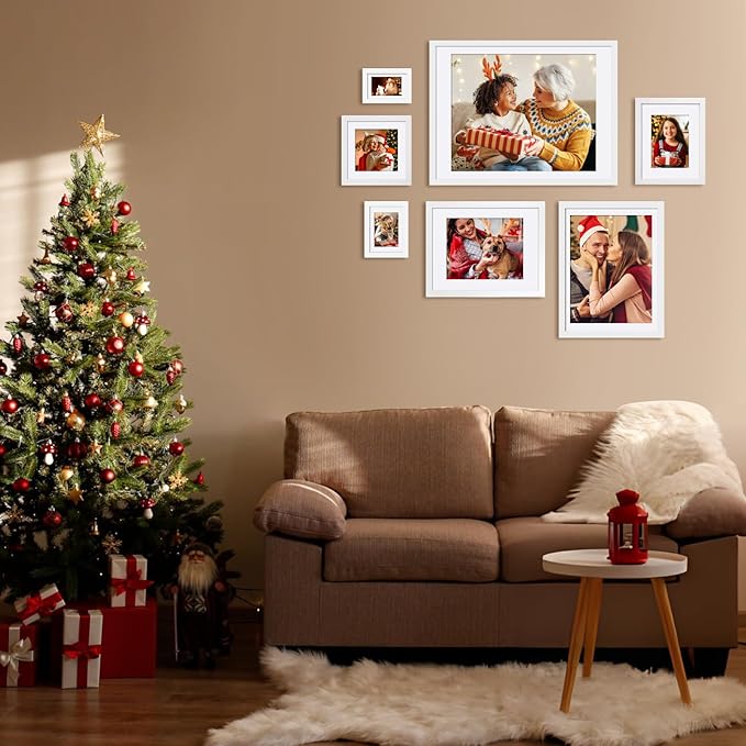 Egofine 8x8 Picture Frames 4 PCS - Made of Solid Wood Covered by Plexiglass for Table Top Display and Wall Mounting Photo Frame for Pictures 4x4/6x6 with Mat White