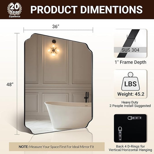 ANDY STAR 36x48 Inch Large Mirror, Matte Black Rectangle Mirror for Wall, Bathroom Mirror in Premium Stainless Steel Metal Thin Frame Deep 1’’, Unique Rounded Scalloped Edge, Vertically/Horizontally