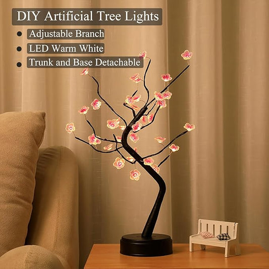 PXBNIUYA 36 LED Cherry Blossom Sparkly Fairy Spirit Tree Lights, Twinkling Tree 3AA&USB Powered, Tabletop DIY Artificial Tree Lamp for Bedroom Christmas Indoor Room Decor Lights (Warm White)