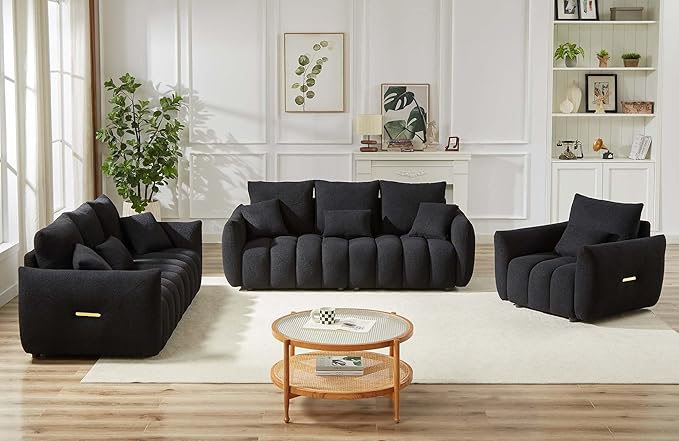 Antetek Teddy Sofa Set for Living Room, Modern Deep Seat Sofa Chair and Oversized 3-Seater Cloud Boucle Couch for Bedroom, Office, Apartment, Furniture Set, Black (2 Piece)