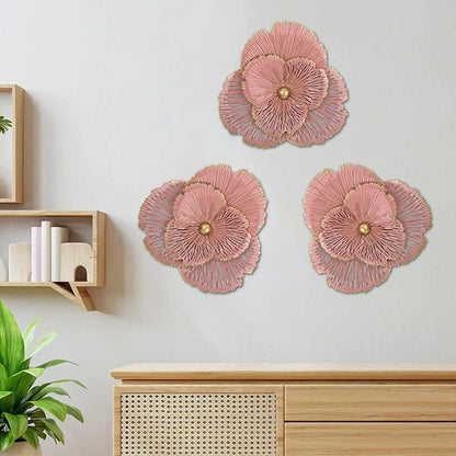 DILATATA 3 Pcs Metal Flower Wall Art Set 10 Inch Rustic Modern Floral Sculpture 3D Metal Flower Wall Hanging Accent for Indoor Living Room Bedroom Kitchen Bathroom Garden Patio Decor - Pink