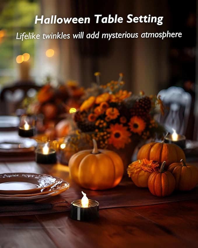 merrynights Black Candles, 12 Pack Tea Lights Candles Battery Operated, LED Tealight Candle, Flameless Votive Candle for Fall Holiday Decor, Theme Party -1.4" D X 1.3" H