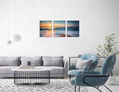 TutuBeer 3 Panels Beach Pictures Wall Art Blue Sea White Beach at Sunrise Pictures Print on Canvas Ocean Pictures Wall Decor Ocean Posters for Walls Stretched and Framed Easy to Hang 12" x 16" x 3