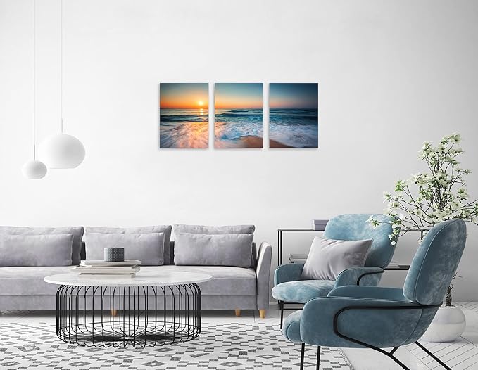 TutuBeer 3 Panels Beach Pictures Wall Art Blue Sea White Beach at Sunrise Pictures Print on Canvas Beach Wall Decor Beach Paintings for Home Decor Stretched and Framed Easy to Hang 16" x 32" x 3 Pcs