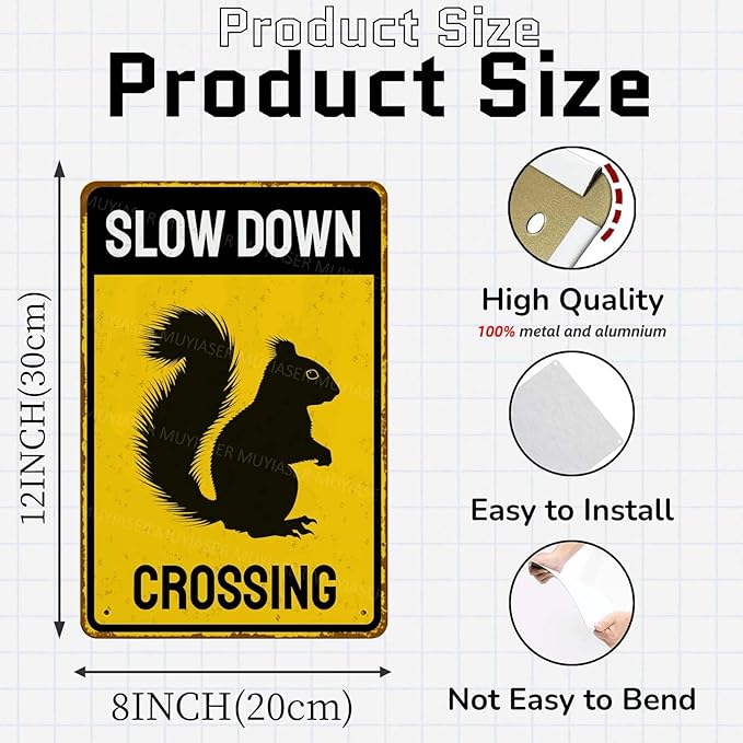 Metal Sign Squirrel Slow Down Crossing Sign Aluminum Metal Tin Signs Warning Sign For Fence Outdoor Yard Wall Decor 8x12 Inch