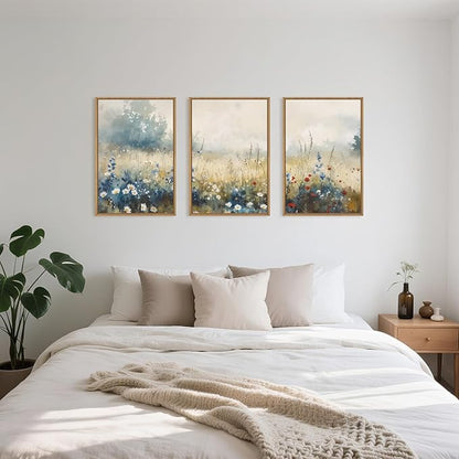 Nature Wildflower Framed Canvas Wall Art Set, Pastoral Landscape Wall Decor, Colorful Meadow Wall Painting, Rustic Floral Art Print for Living Room, Bedroom, Office - 16"X24"X3