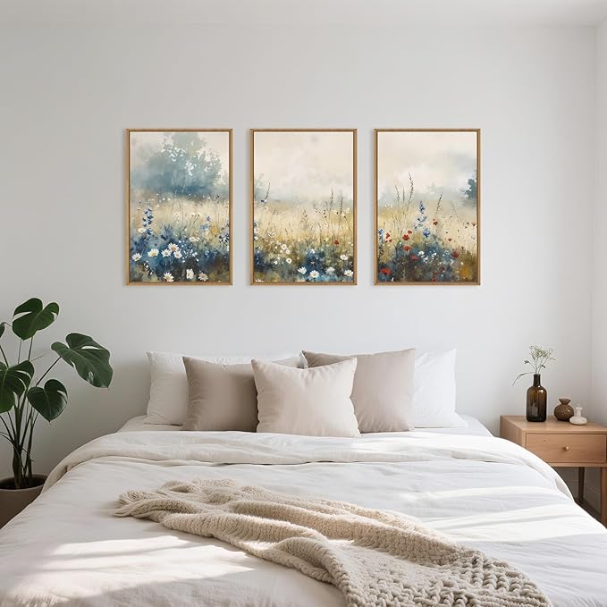 Nature Wildflower Framed Canvas Wall Art Set, Pastoral Landscape Wall Decor, Colorful Meadow Wall Painting, Rustic Floral Art Print for Living Room, Bedroom, Office - 24"X36"X3