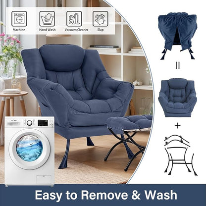 Lazy Chair with Ottoman, Large Navy Accent Chair with Ottoman, Comfy Reading Armchair, Leisure Sofa Chair for Living Room, Bedroom, Dorm Room, Office