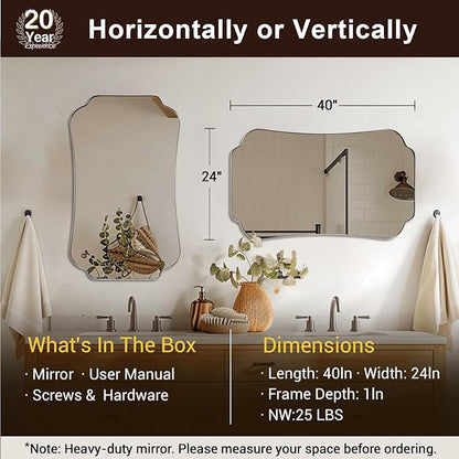 ANDY STAR 24"x40" Brushed Nickel Mirror, Scalloped Bathroom Wall Mirror in Anti-Rust Stainless Steel Metal Frame 1’’ Deep, Hangs Vertically/Horizontally