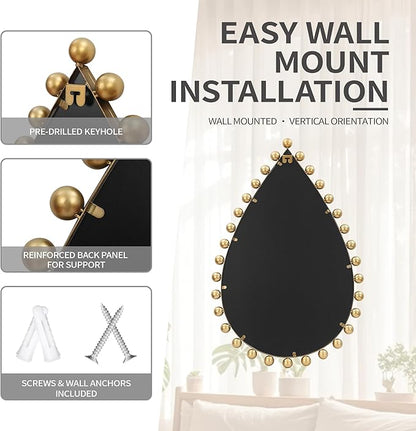 Antique Gold Teardrop Mirror Unique with Ball Frame – 24"x36" Beaded Large Decorative Ornate Wall Mirror for Bathroom, Bedroom, Living Room, Hallway