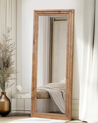 Full Length Mirror 65"x24" Solid Wood Frame Floor Large Mirror for Living Room, Bedroom Hanging or Leaning Wall-Mounted, Light Brown