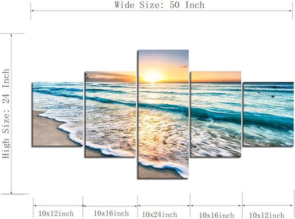Beach Wave Ocean Painting on Canvas 5 Piece Wall Art Modern Landscape Scenery Posters and Prints Pictures for Living Room Bedroom Gallery-wrapped Canvas Art Set Framed (50''W x 24''H)