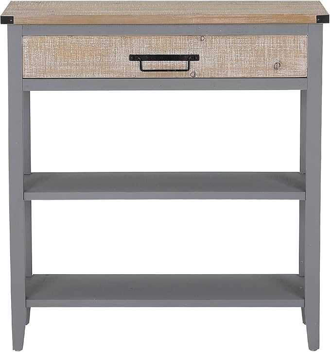 RUSTOWN Farmhouse Console Table with Drawer, 3-Tier Rustic Entryway Table with Open Storage Shelves and Handmade Metal Handle, Narrow Foyer Sofa Table for Living Room, Entryway, Hallway (Grey)