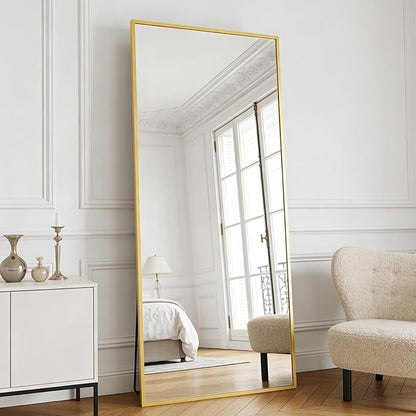 Gold Mirror Full Length, 65"x24" Floor Mirror with Stand, Full Body Mirrors for Bedroom, Hanging Mounted for Living Room Cloakroom, Shatterproof Tempered Glass Floor Mirror