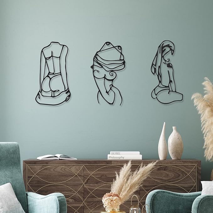 Photect 3 Pcs Metal Wall Art Decor Minimalist Abstract Woman Wall Art Metal Modern Line Drawing Decor Female Single Line Home Hanging for Bedroom Bathroom Living Room Housewarming(Lively,Black)