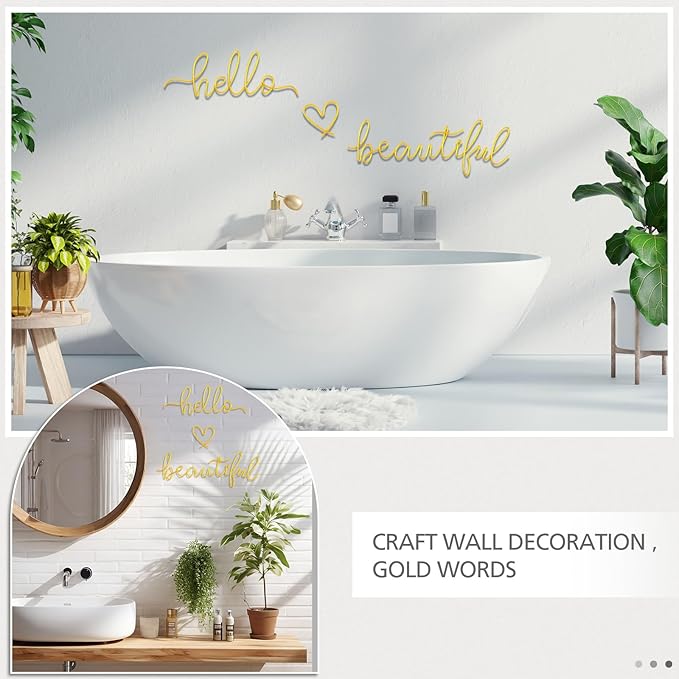 Hicarer Metal Hello Gorgeous Wall Art Minimalist Decor for Bedroom Bathroom Living Room Dressing Room Salon Office Home Decorations Easy to Install Wall Decor(Gold,Lovely Style)