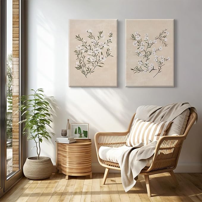 Vintage Botanical Wall Art Neutral Floral Prints Farmhouse Flower Canvas Wall Decor Watercolor Wildflower Pictures Nature Minimalist Artwork for Living Room Bedroom 16x24 Inch Wrapped Canvas Set of 2