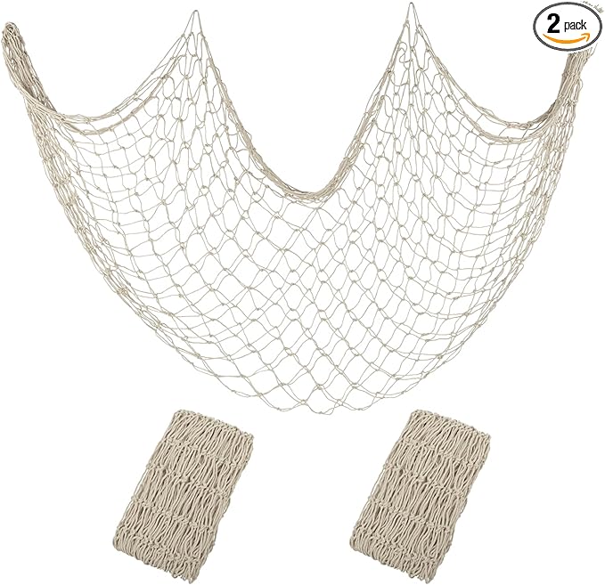Decorative Fishing Net 2 Pack, Patioland 80x40 Inch Large Beige Fish Net Decor for Wall, Photo Display, Nautical Mermaid Pirate Ocean Themed Beach Hawaii Under the Sea Party Decorations