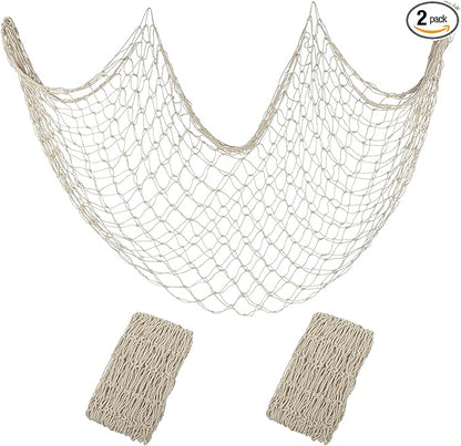 Decorative Fishing Net 2 Pack, Patioland 80x40 Inch Large Beige Fish Net Decor for Wall, Photo Display, Nautical Mermaid Pirate Ocean Themed Beach Hawaii Under the Sea Party Decorations