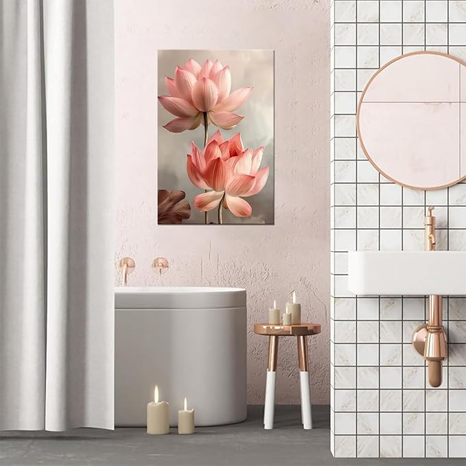 Bathroom Wall Art Pink Lotus Flowers Decor Modern Spring Floral Paintings Canvas Prints Artwork for Living Room Bedroom Home Decoration Framed