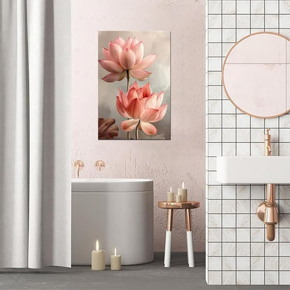 Bathroom Wall Art Pink Lotus Flowers Decor Modern Spring Floral Paintings Canvas Prints Artwork for Living Room Bedroom Home Decoration Framed