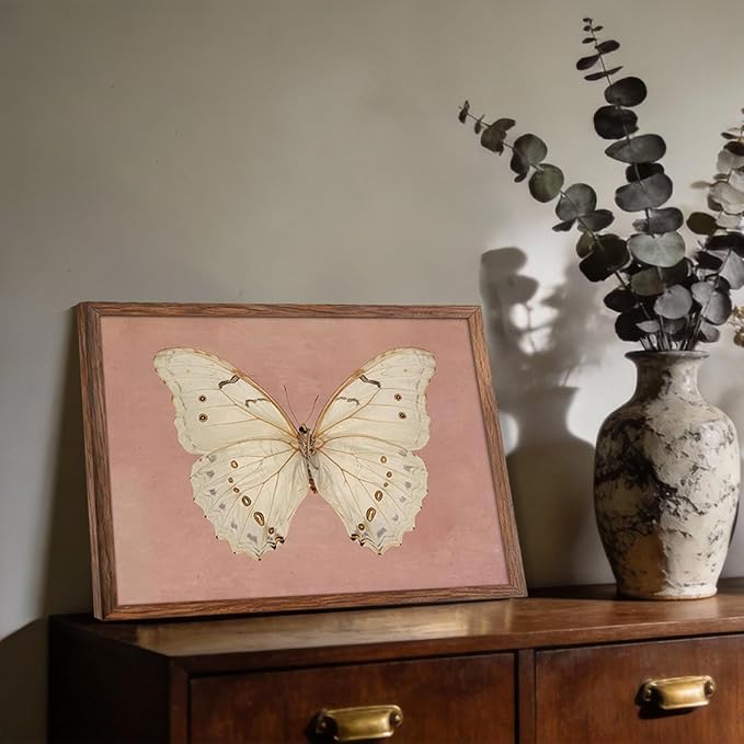 Vintage Butterfly Canvas Wall Art, Pink Butterfly Wall Decor Pictures, Antique White Moth Prints Paintings Neutral Insect Room Decor Aesthetic for Bedroom Bathroom Office 12x16 Inch Wood Frame