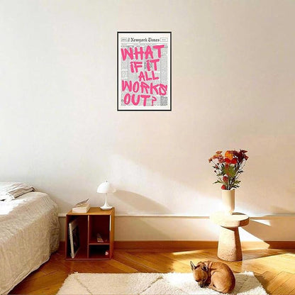 Drimiler Retro Newspaper Pink Font Poster What If It All Works Out Canvas Wall Art Positive Affirming Quote Minimalist Prints Painting For Home Bedroom Dorm Wall Decor 12x18in Framed