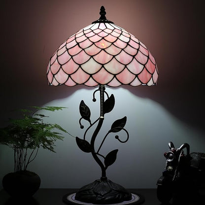 Tiffany Lamp Stained Glass Style Table Lamp Pink Fishscale Style Bedside Desk Reading Light W12H19 Inch Metal Leaf Base with Metal Leaf Base