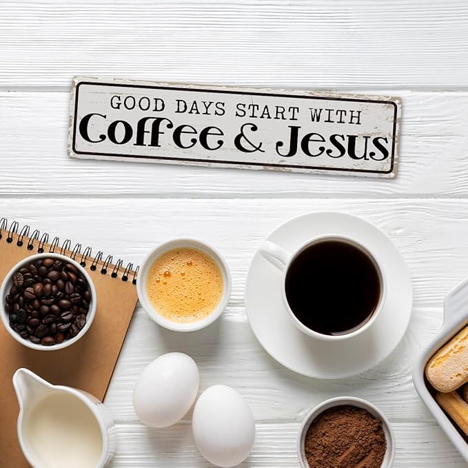 Coffee Signs for Coffees Station Decor, Good Days Start with Coffee & Jesus, Vintage Metal Tin Sign for Home Kitchen Garage Cafe Decor, Coffees Lover Gifts, Decorative Metal Wall Signs 15.8x4 Inches