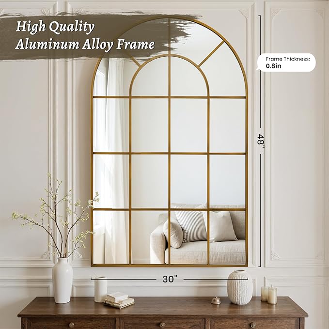 Anpark Arched Windowpane Wall Mirror 30"x48" Bronze Wall Mounted Art Pane Mirror Farmhouse Decorative Mirror Leaning Hanging Wall Mirror for Bedroom Living Room Entrance Hallway Wall Decor