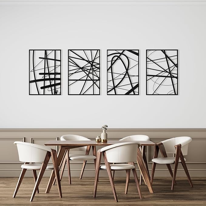 Art3dwallpanels Black Abstract Wall Art, Metal Single Line Art Wall Decor, 3D Textured Sculptures, Modern Decor for Living Room Bedroom Bathroom Study, 17'' x 12'', 4 Pack