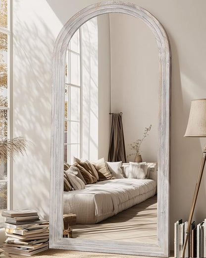 Full Length Mirror, 76"x34" Wooden Mirror Full Length with Stand Wood Floor Mirror, Oversized Stand Up Mirrors Large Wall Mirrors, Wall Mounted Mirrors, Arched Wood Style, White