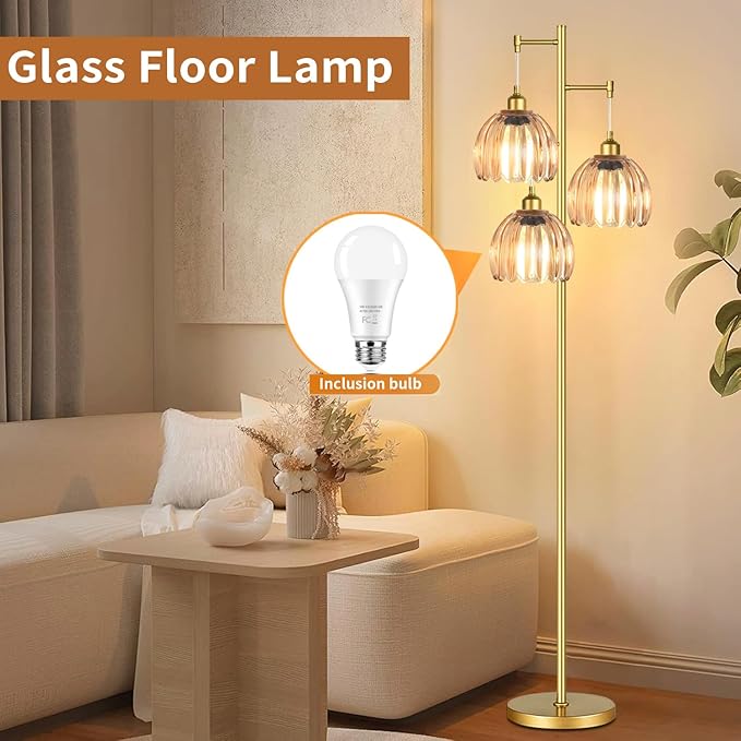 AHDWDW Gold Floor Lamp for Living Room Bedroom,3 Lights Mid Century Modern Floor Lamps with Flower Glass Shades,68IN Tall Standing Lamp with Bulbs,Vintage Tree Floor Lamp for Corner Office Reading