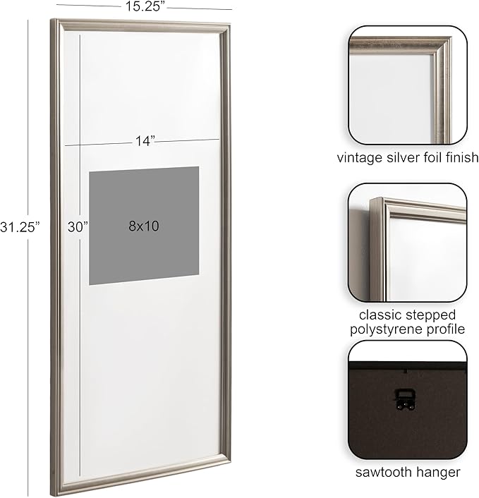 Kate and Laurel Adlynn Rectangular Panel Picture Frame Set of 2, 14 x 30 matted to 8 x 10, Silver, Modern Two-Piece Photo Frame Set for Gallery Wall Decor in Living Room Wall Display