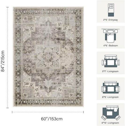 Rugxara 5X7 Washable Area Rug for Living Room, Vintage Large Boho Rugs for Office, Dining Room, Kids Room, Farmhouse, Durable Low Pile Non Slip Carpet for High Traffic Areas, Brown