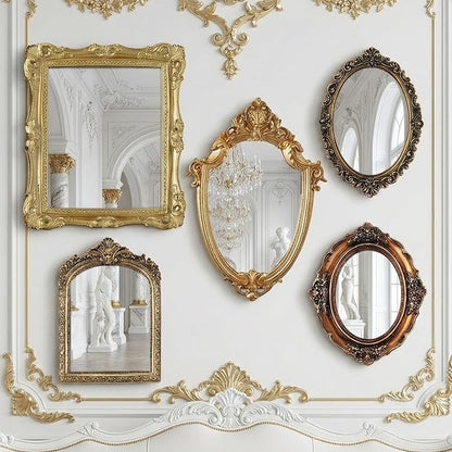 Wonderjune 5 Pcs Vintage Mirrors for Wall Decor Gold Antique Resin Frame Oval Rectangle Mirror for Home Decor Photography Props Gifts (Ornate Style)