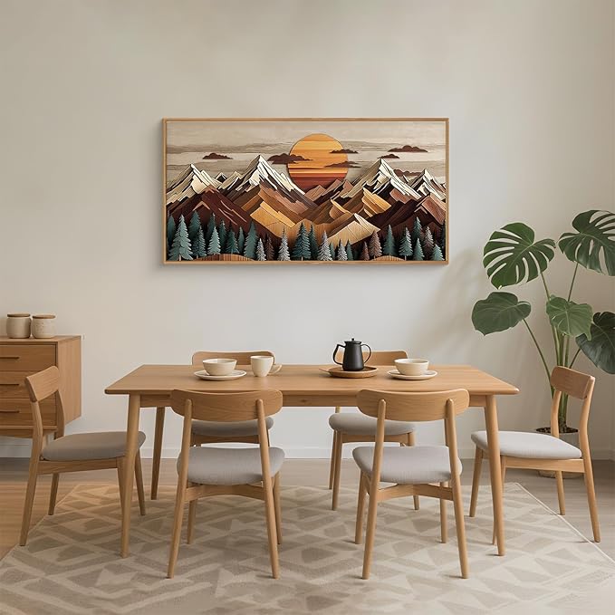 KAIRNE Woodcut Style Mountain Framed Canvas Wall Art Set,Wooden Pine Tree Wall Decor,Vintage Forest Landscape Art Prints,Nature Sunrise Artwork for Living Room,Bedroom,Farmhouse,Office-40 x20 x1