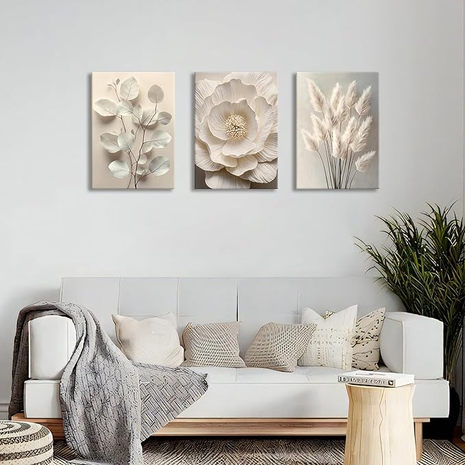 3Pcs Beige Floral Botanical Frame Canvas Wall Art, Neutral Textured Flower Plant Wall Painting Picture Wall Decor Vintage Blossom Posters Prints for Bedroom Living Room Reay to Hang 20"x28"x3Pcs