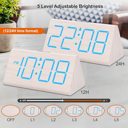 DreamSky Wooden Digital Alarm Clocks for Bedrooms - Electric Desk Clock with Large Numbers, USB Port, Loud Alarm for Heavy Sleepers, Adjustable Volume, Dimmer, Snooze, DST, Wood Décor, Adapter Powered