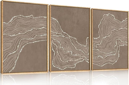Abstract Line Wave Framed Canvas Wall Art Set, Geometric White Tan Art Painting, Modern Minimalism Wall Decor, Neutral Art Print for Living Room, Bedroom, Dining Room, Office-16 x24 x3