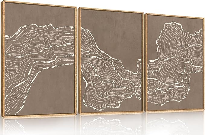 Abstract Line Wave Framed Canvas Wall Art Set,Geometric White Tan Dot Art Painting,Modern Minimalism Wall Decor,Neutral Art Print for Living Room,Bedroom,Dining Room,Office Decor-24 x36 x3