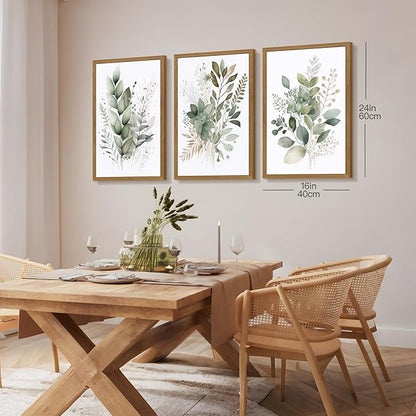 HLXRAE Watercolor Botanical Wall Art Set of 3, Neutral Sage Green Bathroom Wall Decor, Modern Floral Canvas Paintings, Minimalist Farmhouse Poster Prints for Bedroom Living Room Wood Framed 12x16 Inch