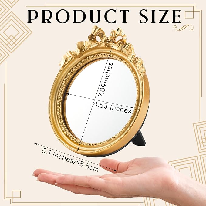 Threehoney 2 Pack Portable Small Vintage Gold Bow Mirror 6" Round Vintage Makeup Desk Mirror for Bedroom, Bathroom, Table Decoration