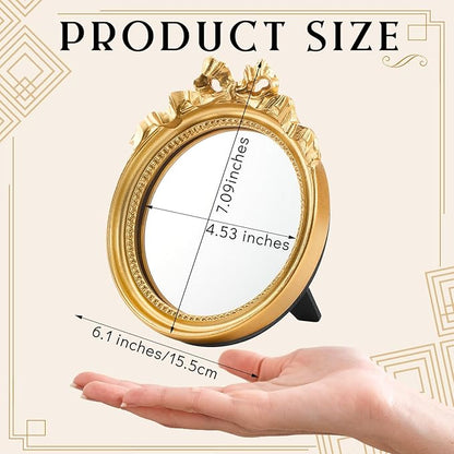 Threehoney 2 Pack Portable Small Vintage Gold Bow Mirror 6" Round Vintage Makeup Desk Mirror for Bedroom, Bathroom, Table Decoration