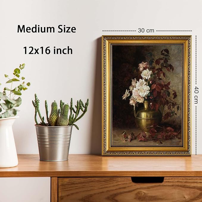 YD&YZY Gold Framed Vintage Wall Art Canvas Rose Bouquet Flower Wall Decor Still Life Dark Moody Aesthetic Art Painting Picture Print Artwork for Living Room Bedroom Bathroom Office 12x16 inch Framed