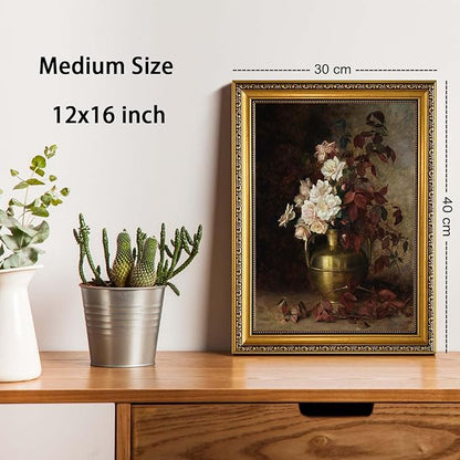 YD&YZY Gold Framed Vintage Wall Art Canvas Rose Bouquet Flower Wall Decor Still Life Dark Moody Aesthetic Art Painting Picture Print Artwork for Living Room Bedroom Bathroom Office 12x16 inch Framed
